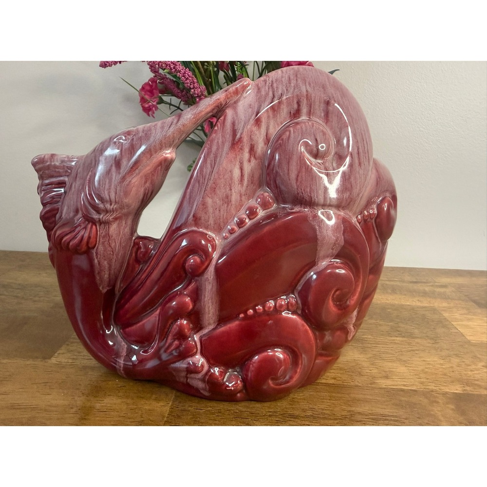 Vintage Swordfish Marlin TV Lamp Red Drip Glaze Ceramic Hollywood Regency Light